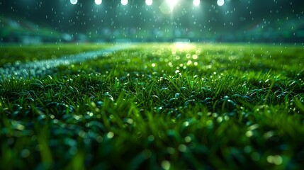 Wall Mural - The universal grass stadium is illuminated by spotlights and the green grass playground is empty. The Grand Sport Building artificial grass backdrop is a digital 3D advertisement backdrop