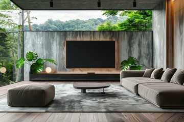 Wall Mural - 3D rendering of modern living room with TV screen and sofa on nature background. 