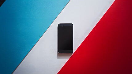 Wall Mural - A tight shot of a red, white, and blue backdrop beneath a centered cell phone