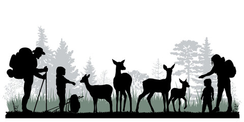 Family silhouettes. Father, mother and children met deer in the forest. Vector illustration	
