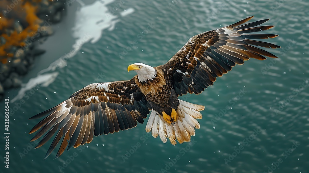 Majestic bald eagle soaring over water with wings spread wide against a ...