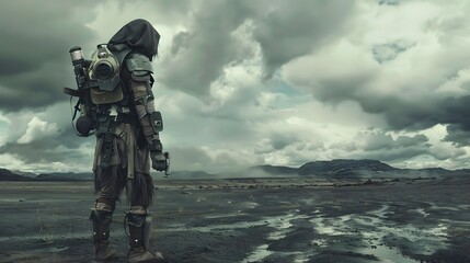  A lone rebel in a desolate, post-apocalyptic landscape, clad in rugged, makeshift armor, holding a weapon with a determined, stoic expression.