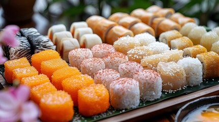 Wall Mural - A tray of assorted sushi rolls with different colors and flavors