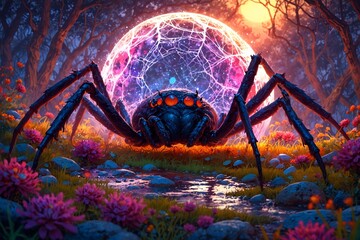 Wall Mural - A spider is sitting in a field of flowers