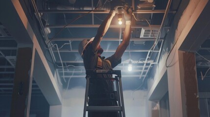 An electrician on a ladder installs a lightbulb on a ceiling in a building under construction