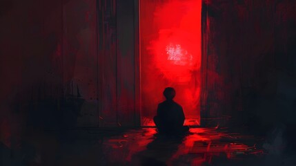 Poster - A person is sitting in a room with a red door. Scene is eerie and mysterious