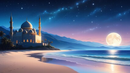 View of mosque with moon illustration, Eid background, Ramadan background