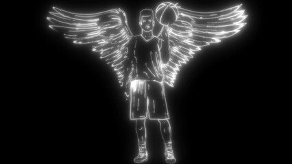 Wall Mural - Basketball player with a ball in white line on black background