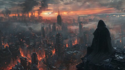 Poster - the lack of empathy inherent in ruthlessness by showcasing a cold-hearted figure overlooking a city consumed by chaos and suffering.