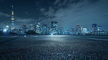Wall Mural - Tokyo urban cityscape skyline night scene with empty asphalt floor on front 