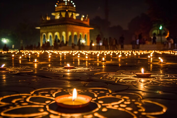 illustation of Diwali festival of lights tradition Diya oil lamps against dark background
A traditional Indian art of decorating the entrance to a house. Diwali festival holiday design. 