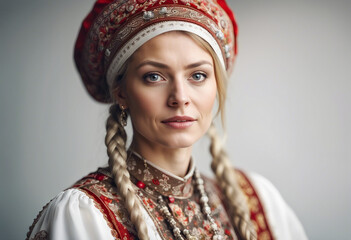 Poster - portrait of Russian woman in traditional clothes, isolated white background
