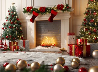 Poster - Cozy Christmas Fireplace with Decorated Tree and Presents