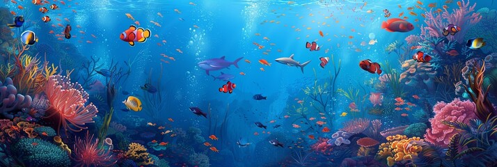 Wall Mural - Vibrant fish swimming among detailed corals in an underwater scene. Generative AI
