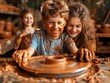 © nitiroj - Parents and children making pottery on a wheel, hands-on activity, clay spinning, creative and focused expressions