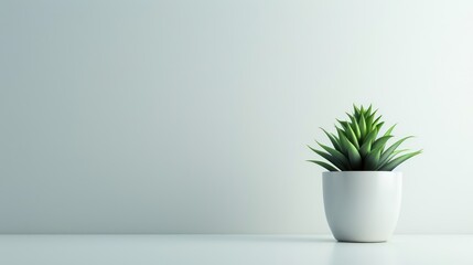 Wall Mural - A small potted plant placed on one side of a plain white or light-colored surface, with the rest of the image left empty