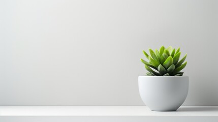 Wall Mural - A small potted plant placed on one side of a plain white or light-colored surface, with the rest of the image left empty