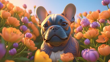 Wall Mural - Bulldog en Fleur: Modèle 3D Floral