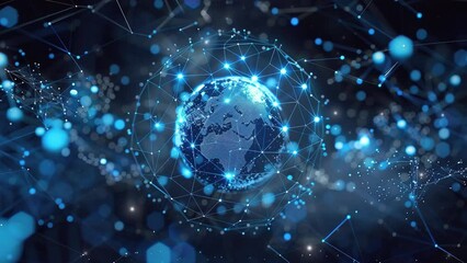 Global connection concept. Representation of the globe surrounded by technology icons and connecting lines. Global social media network. Glowing globe symbolizing the internet. Technology background 
