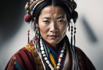 Poster - portrait of Tibetan woman in traditional dress, isolated white background 
