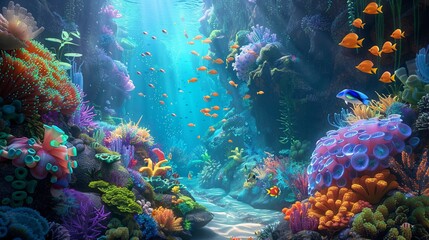 Wall Mural - A colorful painting featuring a lively underwater scene with vibrant corals and various fish species swimming around. Generative AI