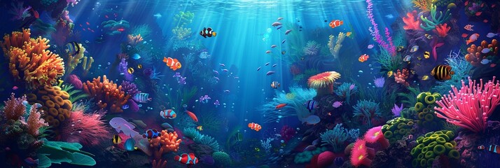 A vibrant painting depicting a lively underwater scene filled with colorful corals and various fish species. Generative AI