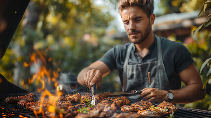 Man cooking, only hands, he is cutting meat or steak for a dish. Delicious grilled meat on grill. Barbecue weekend.