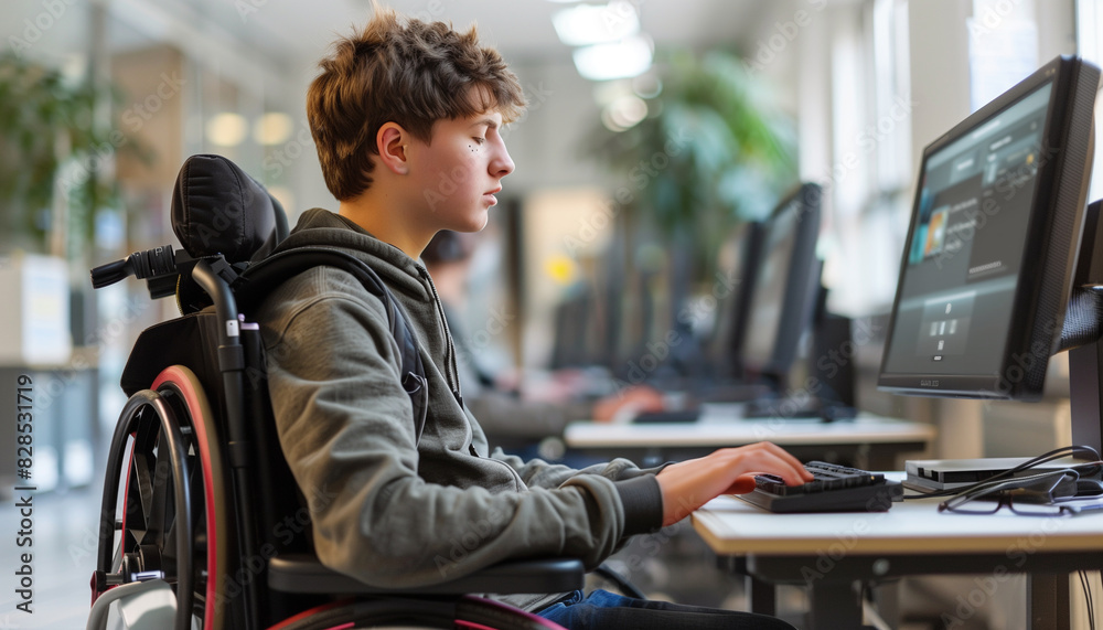 a detailed image of a student with a physical disability using an ...
