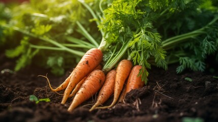 Freshly Harvested Carrots With Lush Greens Basking In Sunlight On Fertile Soil. Generative AI