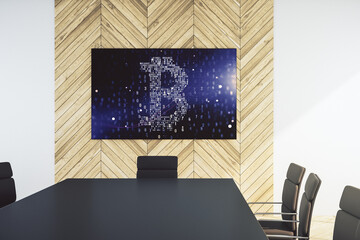 Aufkleber - Creative Bitcoin symbol on presentation tv screen in a modern meeting room. Cryptocurrency concept. 3D Rendering