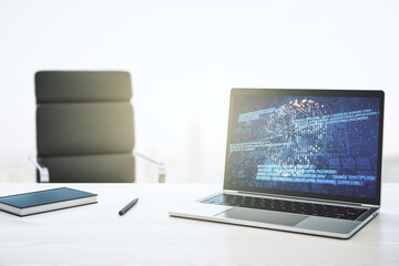 Poster - Creative concept of code skull illustration on modern laptop screen. Hacking and phishing concept. 3D Rendering