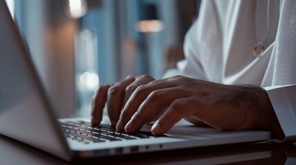 Wall Mural - image shows a close-up of a man's hand as he uses a laptop. He appears to be dressed in a white traditional attire, possibly indicating that he is from the Arabian Gulf region. The focus is on his han