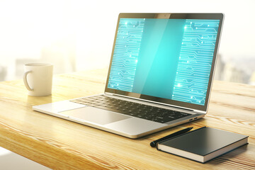 Poster - Modern computer monitor with circuit hologram. Research and development hardware concept. 3D Rendering