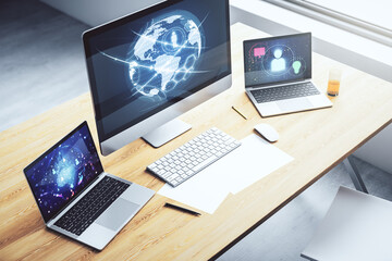 Poster - Social network media concept with world map on modern computer monitor. 3D Rendering