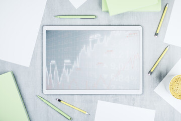 Poster - Top view of abstract creative financial diagram on modern digital tablet display, banking and accounting concept. 3D Rendering