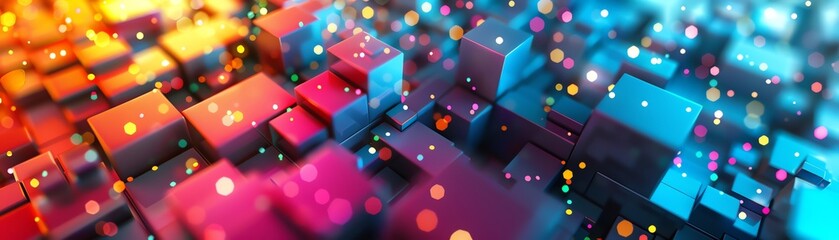 Poster - 3d chaotic pixels in primary colors, closeup, with digital particles, bright lighting, cyber realm