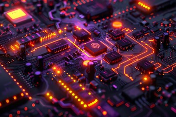 Poster - futuristic circuits, closeup, under a kaleidoscope of lights, vibrant, abstract technological beauty