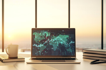 Poster - Abstract financial diagram with world map on modern laptop screen, banking and accounting concept. 3D Rendering