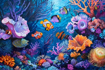 Wall Mural - A vibrant painting featuring a variety of fish swimming among colorful corals and anemones in an underwater setting. Generative AI