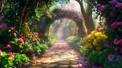 Beautiful Fairytale Garden with Colorful Flower Arches
