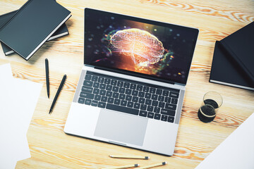 Aufkleber - Creative artificial Intelligence concept with human brain sketch on modern laptop monitor. 3D Rendering
