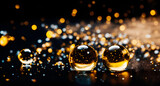 świecące tło z bąbelkami i gwiazdami, złote bąble, krople na ciemnym tle