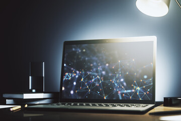 Poster - Modern computer monitor with technology desktop. Research and development software concept. 3D Rendering