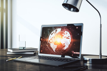 Poster - Modern computer display with abstract graphic world map, big data and networking concept. 3D Rendering