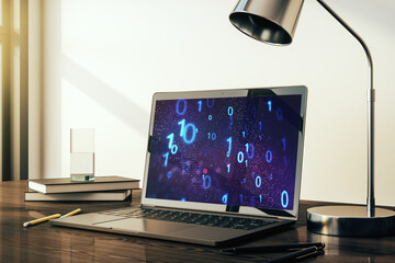 Aufkleber - Creative abstract binary code sketch on modern laptop monitor, hacking and matrix concept. 3D Rendering