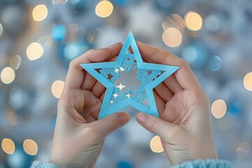Wall Mural - hands holding a blue star ornament with blurry lights in the background, capturing the festive holid