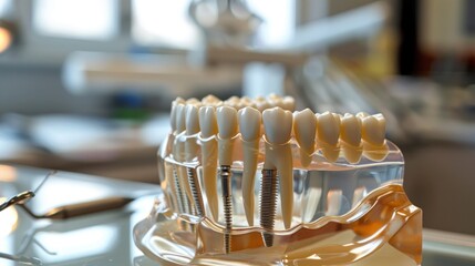 A close-up of a dental implant in a model of teeth.