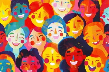 Wall Mural - joyful multiracial faces collage celebrating diversity and happiness digital illustration