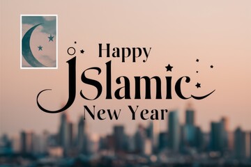 A happy islamic new year greeting with a crescent moon and star, AI