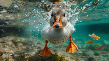 Underwater Close-Up of Curious Swimming Duck. Adorable underwater close-up of a duck swimming with colorful fish in a clear, vibrant aquatic environment.